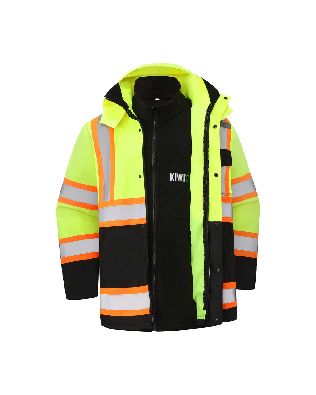 Kiwi High Visibility 3-in-1 Hooded & Fleece Lined ANSI/ISEA 107-2020, Type R, Class 3 Two Tone, Contrast Trimmed Water Resistant Neon Safety Jacket [71500]